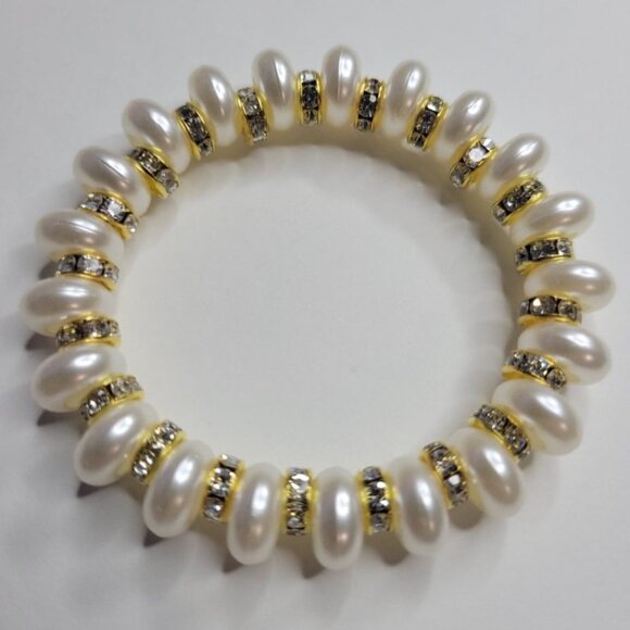 NWT Ladies Pearlescent Beads And Golden Rhinestone Stretch Bracelet S, M, L, XL - Picture 7 of 8